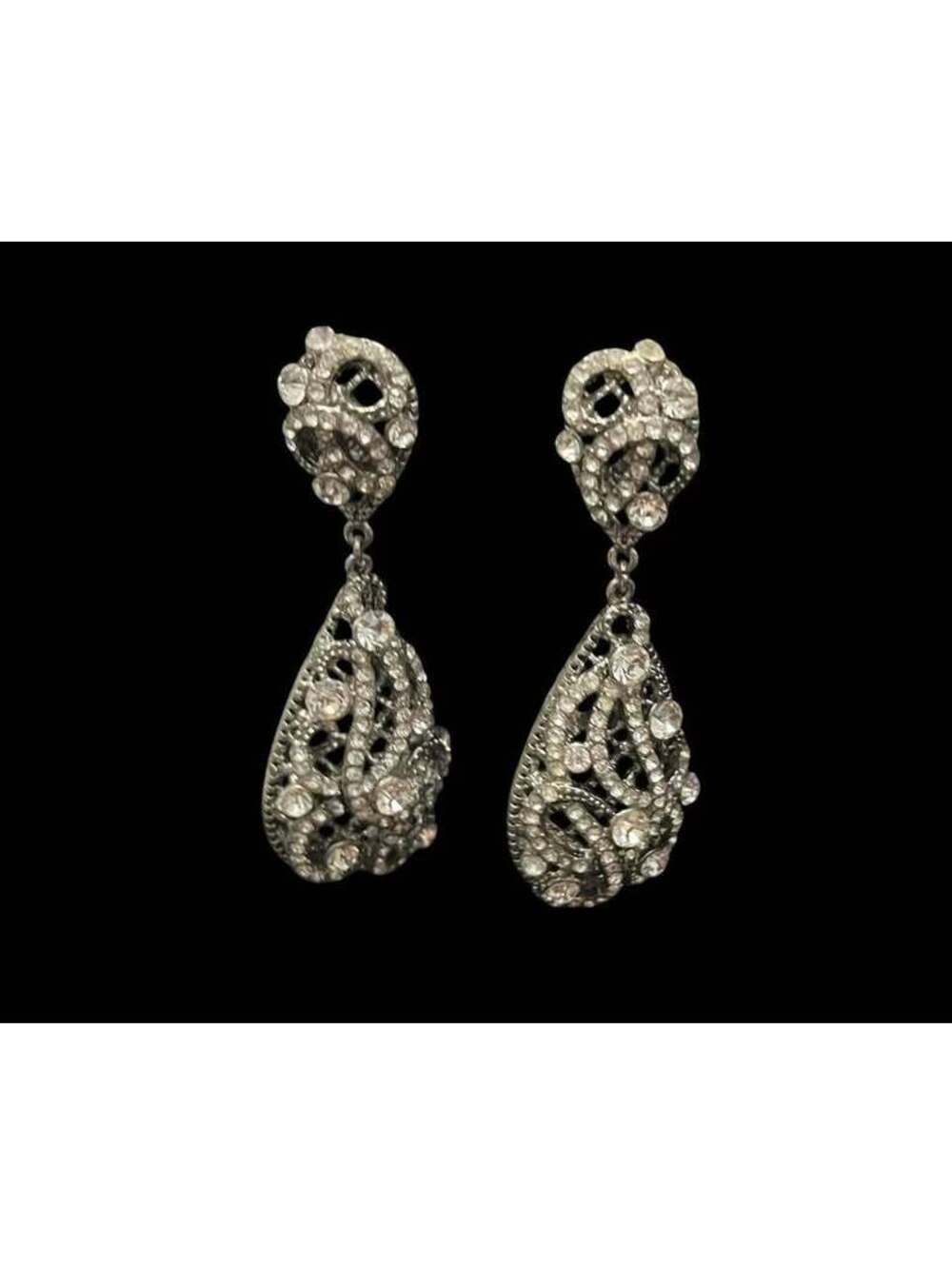 Silver Rhinestone Teardrop Dangle Clip On Earrings